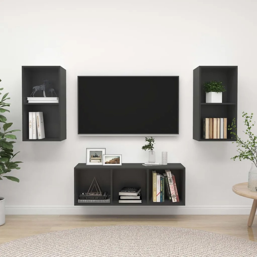 vidaXL 3 pcs conjunto de móveis de TV derivados de madeira cinzento