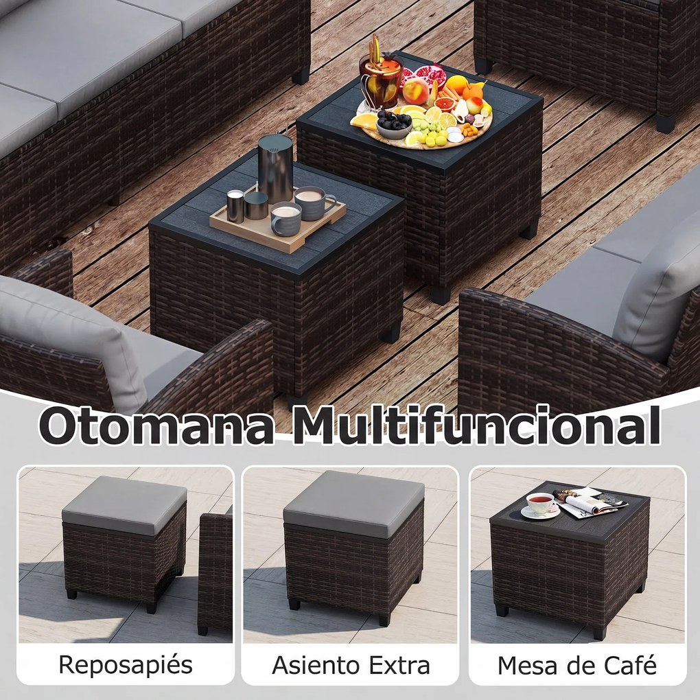 Conjunto de 6 Peças de Jardim com Sofás, Poltronas e Apoios para os Pés, Vime de PE, Castanho e Cinzento
