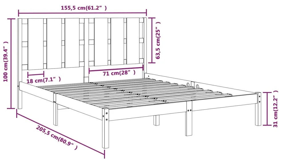 Estrutura de cama king 150x200 cm madeira maciça cinza