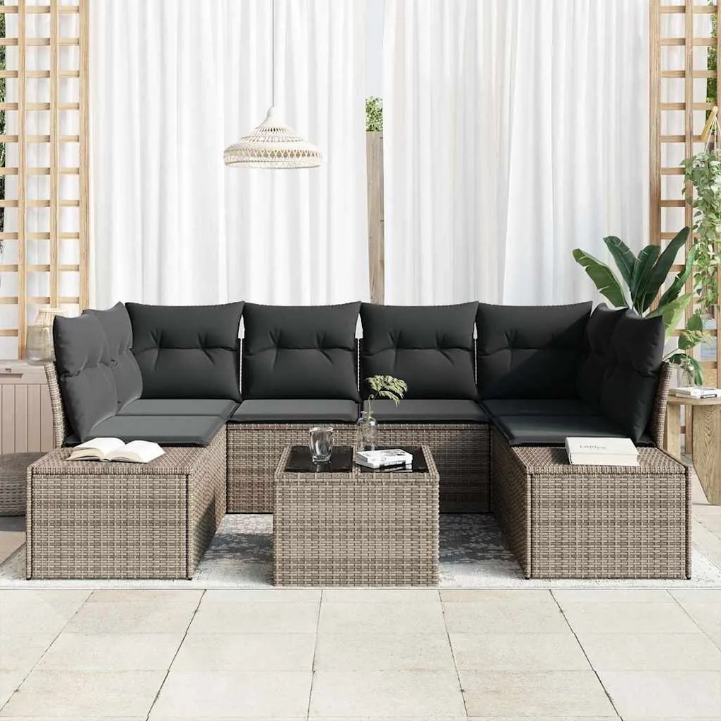 Conjunto de Sofás de Jardim com 7 Peças e Almofadas de Rattan Cinza