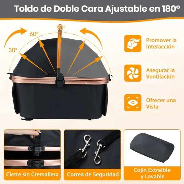 Carrinho para animais de estimação 3 em 1 dobrável com transportadora removível, sombra solar e almofada removível preta