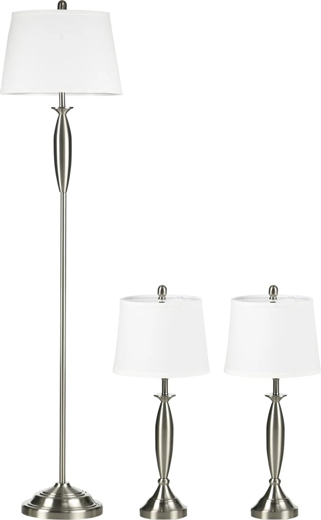 HOMCOM Conjunto de 3 luminárias. 1 candeeiro de pé, 2 candeeiros de mesa, aspeto em linho; 38 cm x 38 cm x 158 cm, Prata + Branco | Aosom Portugal