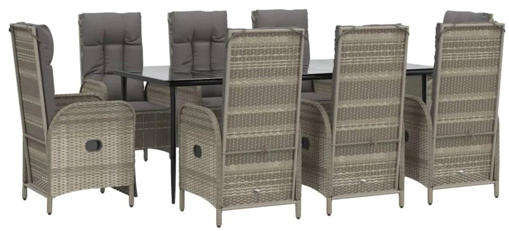9 pcs conjunto jantar jardim c/ almofadões vime PE preto/cinza