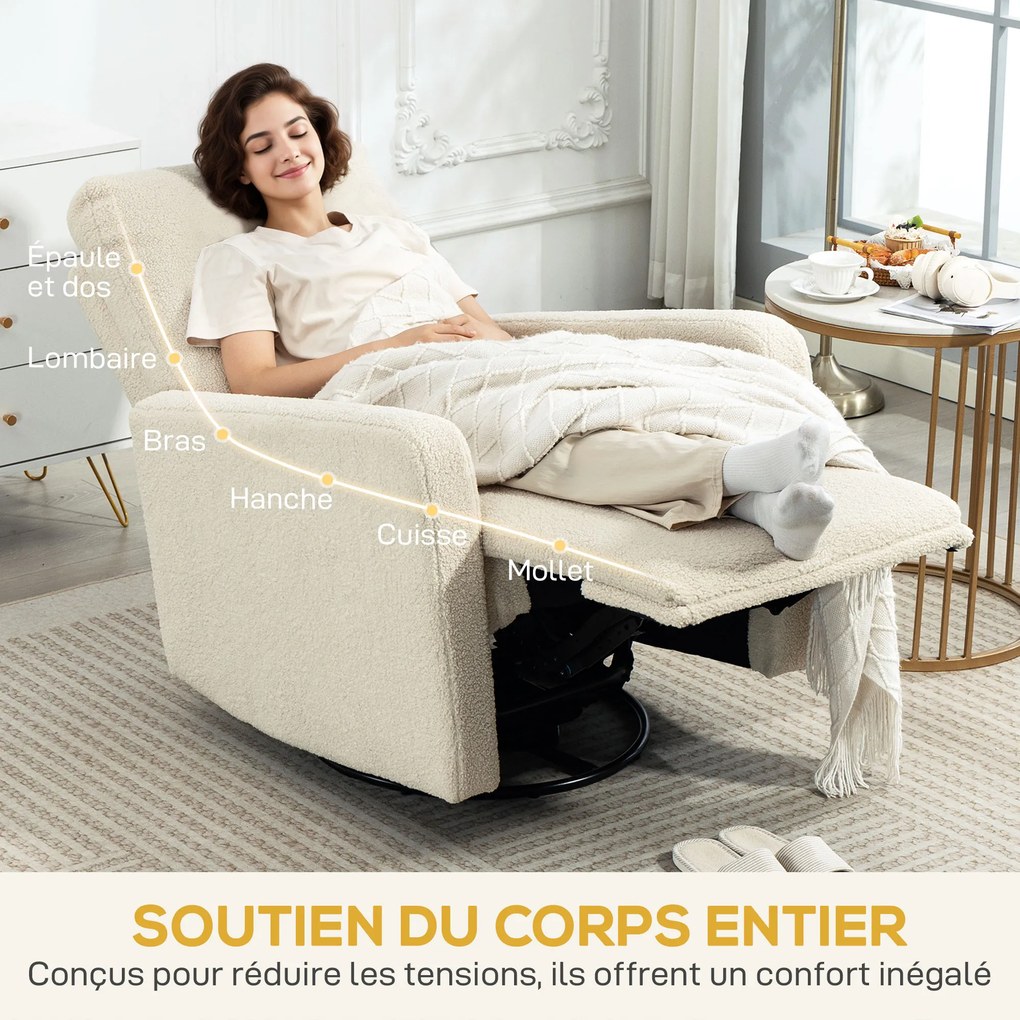 Poltrona reclinável, poltrona de relaxamento com apoio para os pés, giratória em 360° e reclinável, 76 x 94 x 100 cm, bege