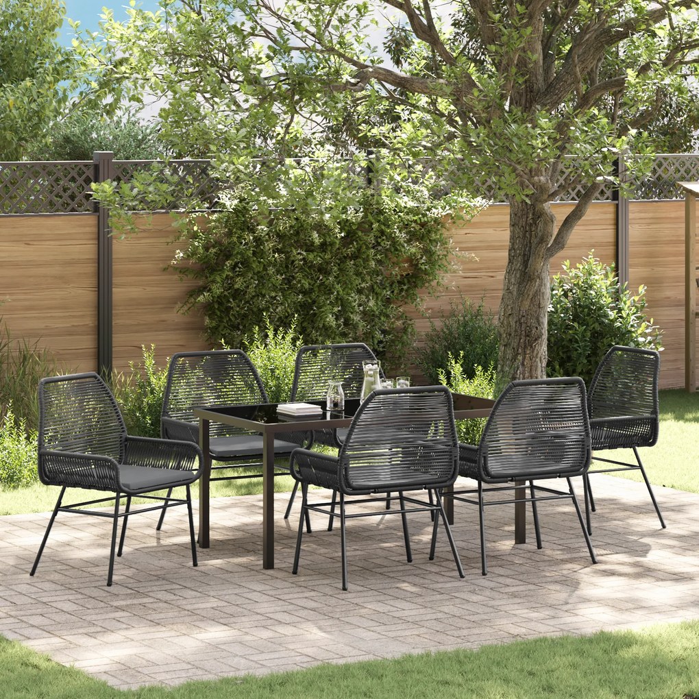 vidaXL Conjunto de Jantar de Jardim de 7 Peças com Almofadas Preto Rattan Polimérico