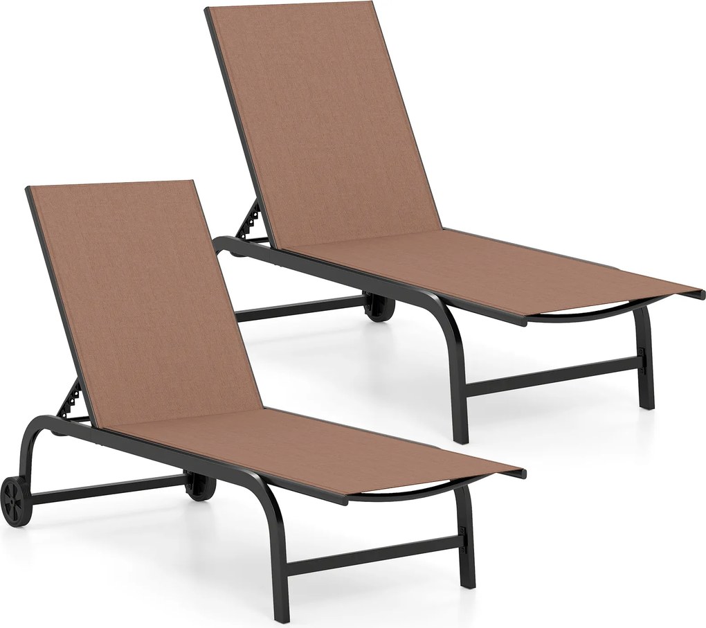 Conjunto de 2 Espreguiçadeiras de Jardim, 190 x 69 cm, Encosto Ajustável em 6 Posições, Castanho