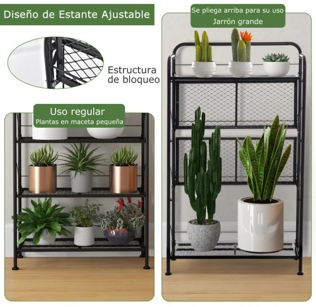 Suporte de plantas de metal ajustável de 4 camadas para exibição de varanda interna de jardim 60 x 25 x 100 cm preto