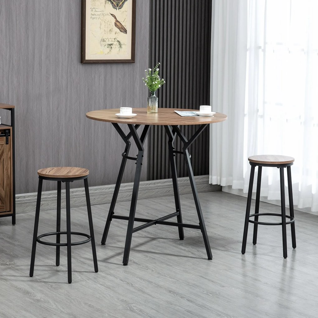 Conjunto de Mesa Alta e 2 Bancos de Bar Conjunto de Móveis de Refeição 3 Peças Estilo Industrial com Estrutura de Aço para Cozinha Sala de Estar Ø90x9