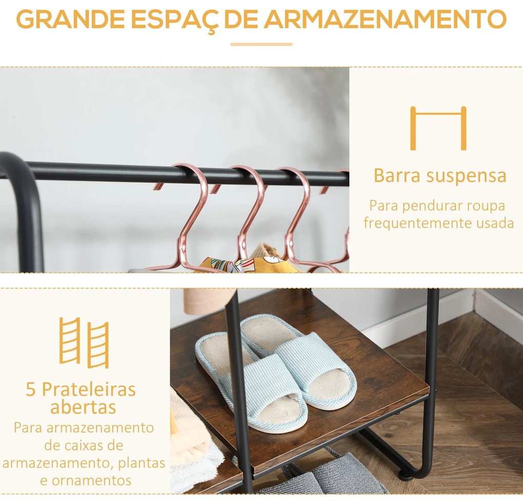 Suporte para Cabides Charriot de Madeira com 4 Prateleiras de Armazenamento e Barra de Pendurar para Dormitório Sala de Estar Entrada Estilo Industria