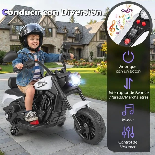 Mota elétrica infantil de 6 V com farol LED, música, 2 rodas, pedais de treino e espelhos retrovisores – a partir dos 18 meses – Preto + Branco