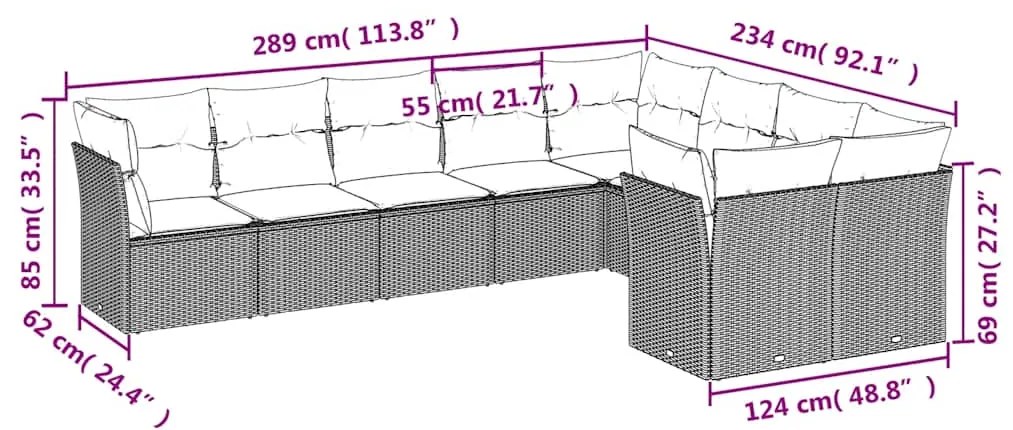 9 pcs conjunto sofás p/ jardim c/ almofadões vime PE castanho
