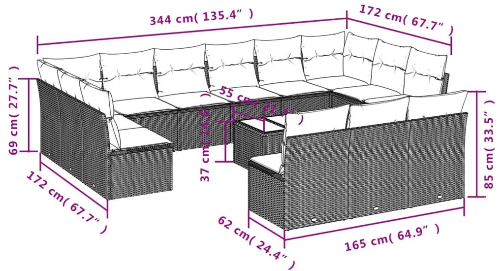 14 pcs conjunto sofás p/ jardim c/ almofadões vime PE castanho