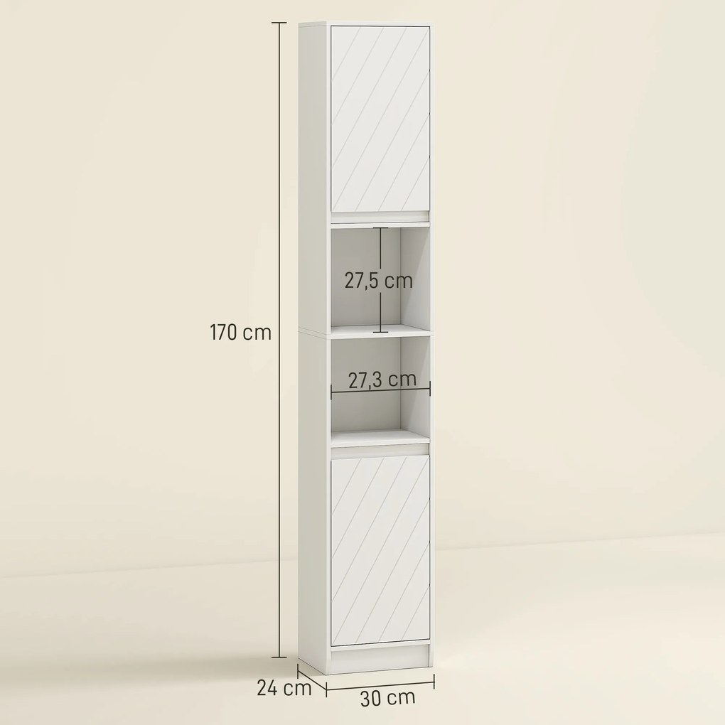 Armário de coluna para casa de banho 30 x 24 x 170 cm, móvel de arrumação com 2 portas, 2 compartimentos abertos, branco