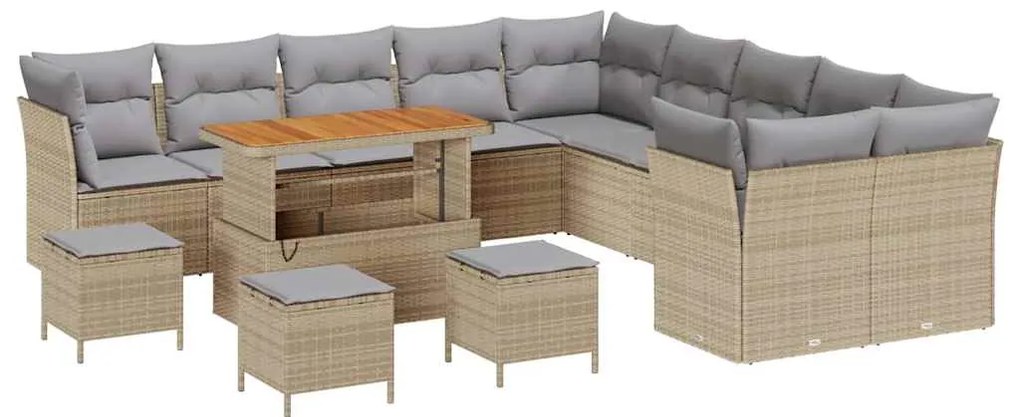 Conjunto de Sofás de Jardim de 14 Peças com Almofadas Rattan Poliéster
