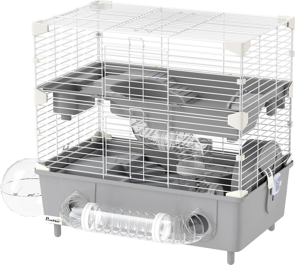 Gaiola para hamster de 2 andares com roda de corrida e banheira de areia para hamster anão 44,5 x 28 x 44 cm cinzenta