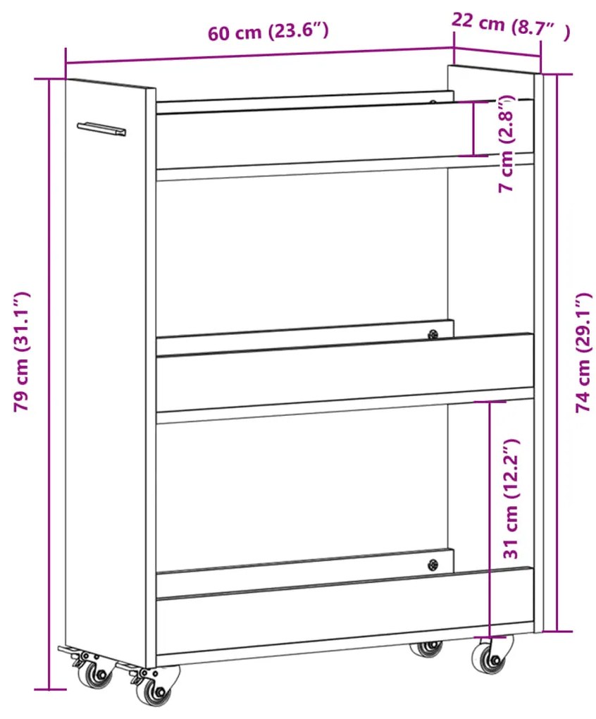 Armário c/ rodas 60x22x79 cm derivados madeira carvalho sonoma