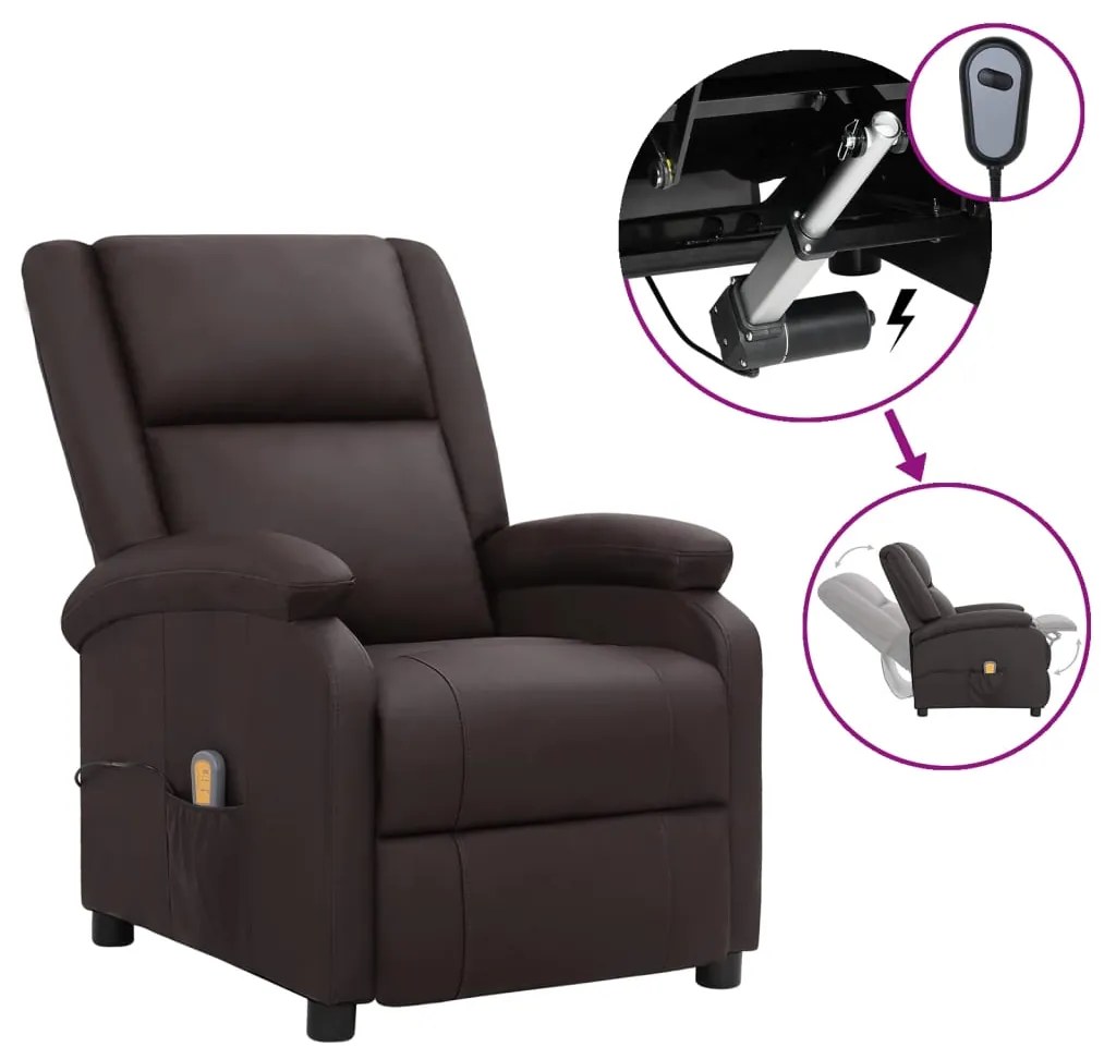vidaXL Poltrona massagens reclinável elétrica couro genuíno castanho