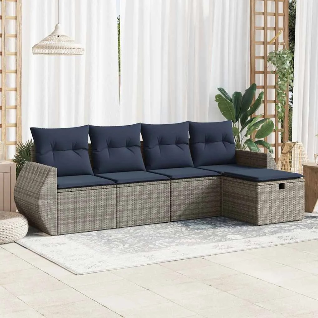 5 pcs conjunto sofás de jardim c/ almofadões vime PE cinzento