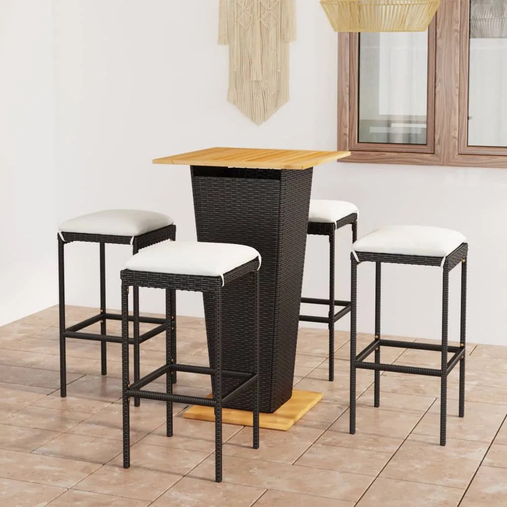 vidaXL 5 pcs conjunto de bar p/ jardim c/ almofadões vime PE preto