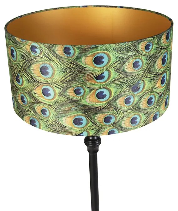 Candeeiro de pé preto com abajur em veludo azul-petróleo dourado 50 cm - Classico Clássico / Antigo
