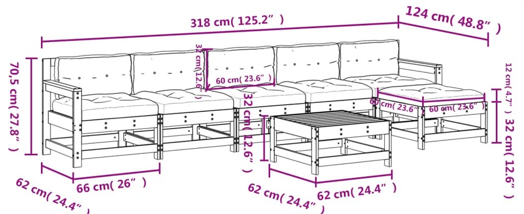 7 pcs conjunto lounge jardim c/ almofadões madeira maciça cinza