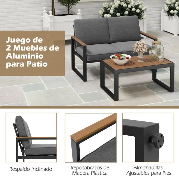 Conjunto de móveis de jardim em alumínio com Sofá seccional estofado cinzento e com mesa de centro almofadas cinzentas