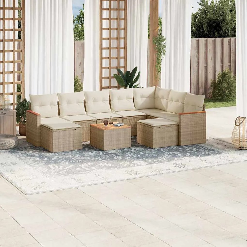 10 pcs conjunto de sofás p/ jardim com almofadões vime PE bege