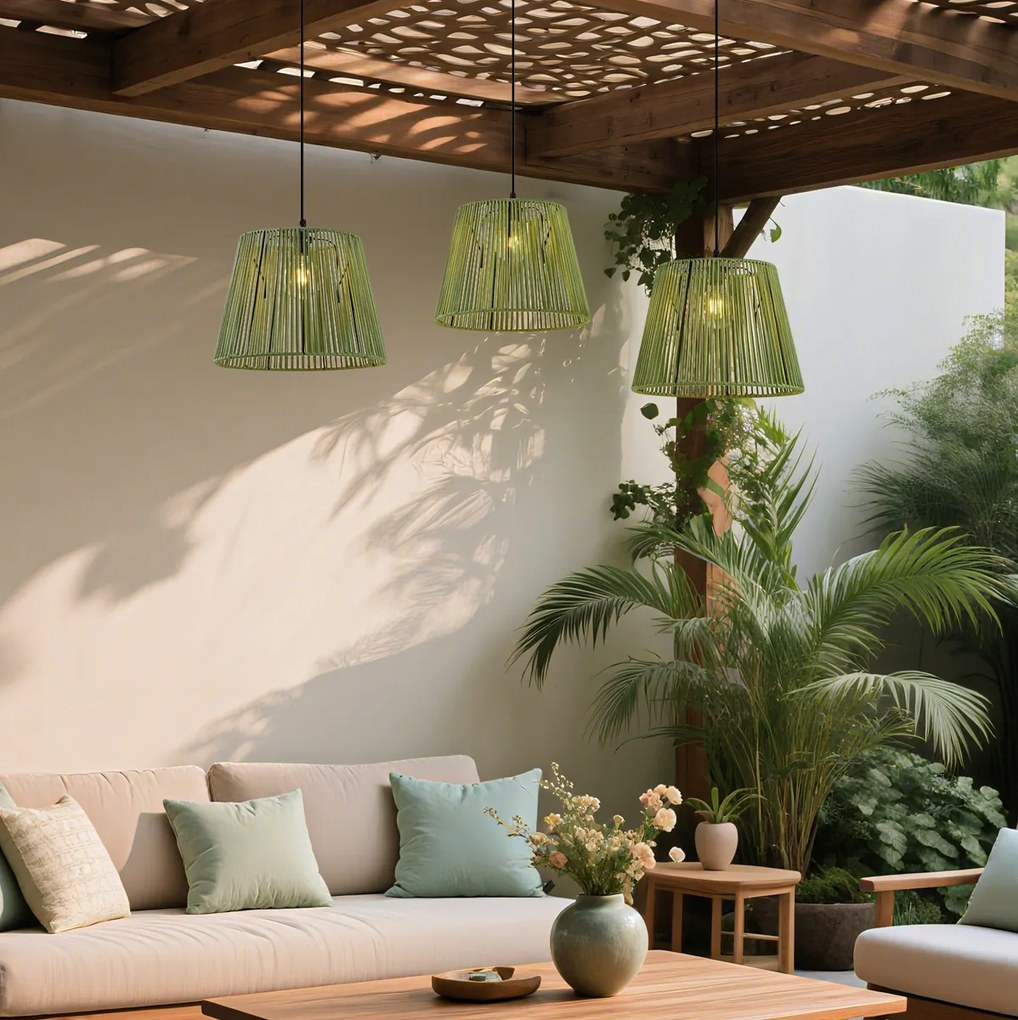 Candeeiro suspenso de exterior preto com abajures de corda verde 3 luzes IP44 - Cava Jayla