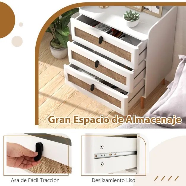 Mesa de cabeceira com 3 gavetas decoradas em rattan Pernas de madeira 60 x 40 x 75 cm Branco