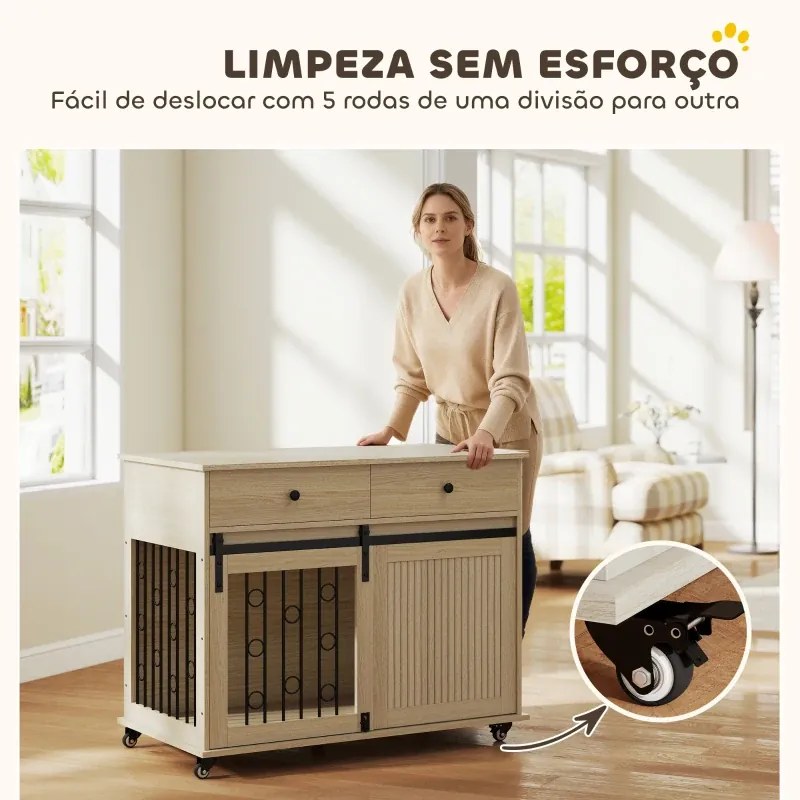 Gaiola para Cães Médios e Grandes Mesa de Apoio Moderna com 2 Gavetas 2 Portas e Fecho 100x56x81 cm Carvalho