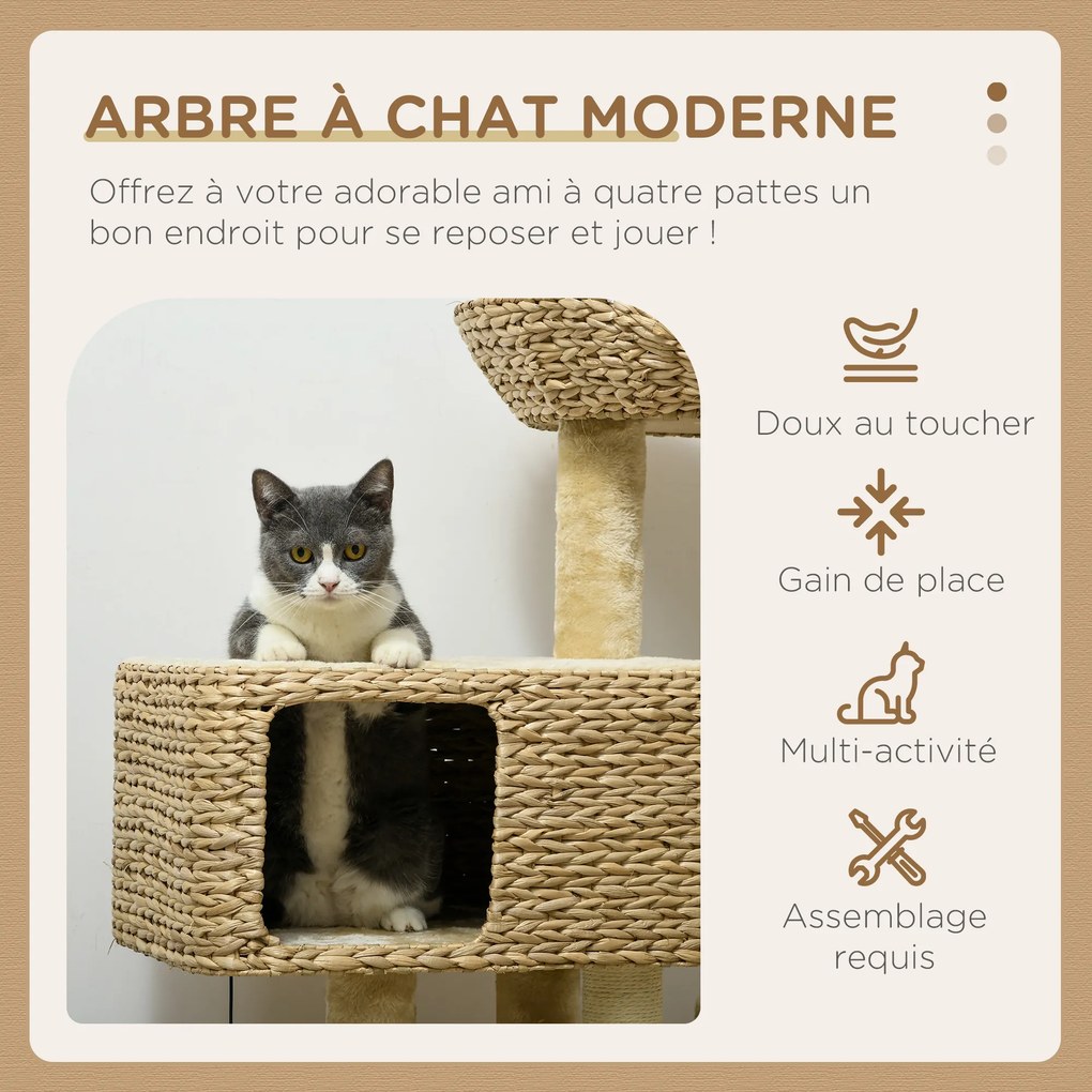 Arranhador para gatos 60 x 40 x 98 cm, compartimentos abertos, cesto de observação, plataformas e pompons suspensos bege