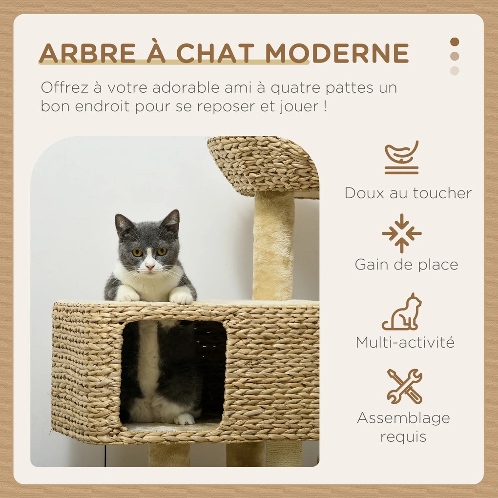Arranhador  para gatos com arranhador, nicho, cesto de observação, plataformas e pompons suspensos, 60 x 40 x 98 cm, bege