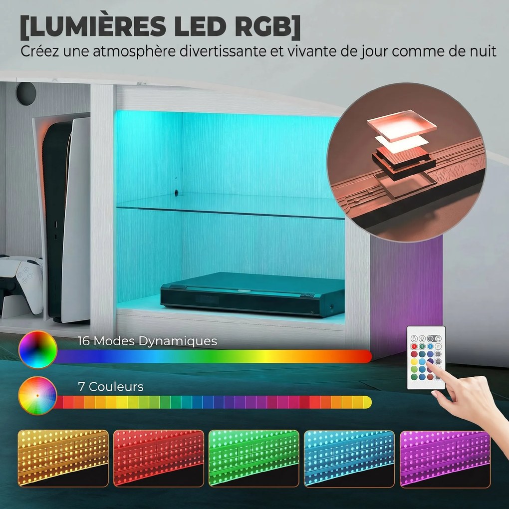 Móvel de TV com iluminação LED para televisores até 70 polegadas, 160 x 35 x 51,7 cm, com prateleiras de vidro ajustáveis, branco