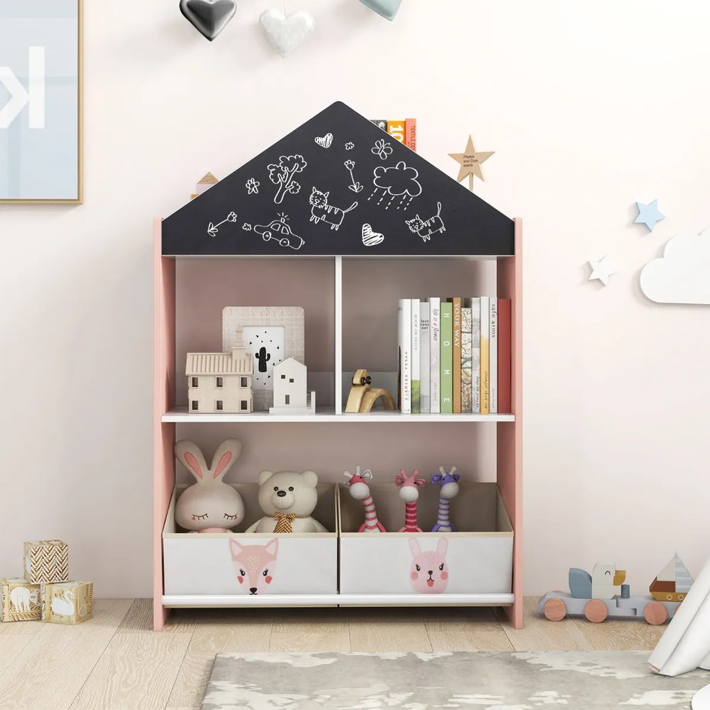 Estante em forma de casa para crianças Organizador de brinquedos em madeira com quadro branco 4 compartimentos 2 gavetas Rosa