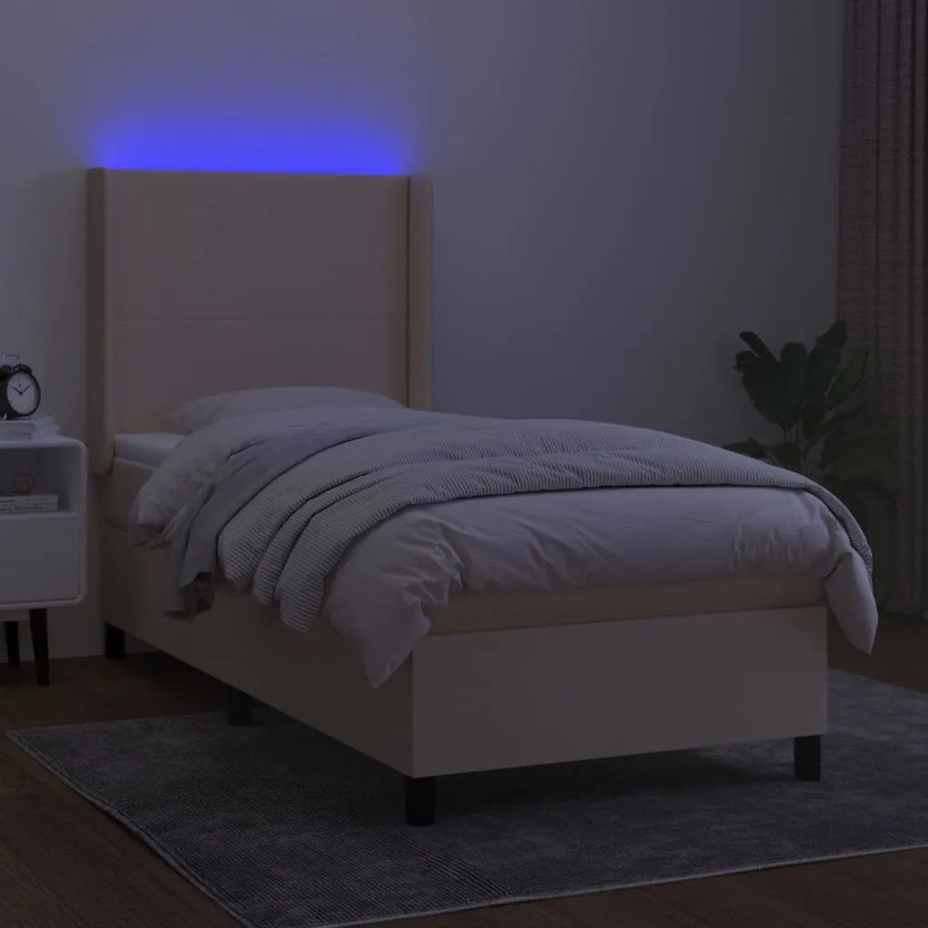 Cama box spring c/ colchão e LED 90x200 cm tecido cor creme