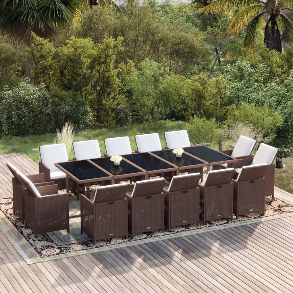 vidaXL 15 pcs conjunto jantar p/ jardim c/ almofadões vime PE castanho