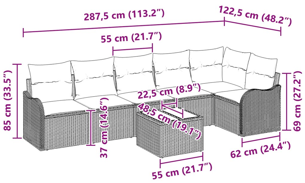 Conjunto de Sofá de Jardim 6 Peças com Almofadas Preto Vime Resistente