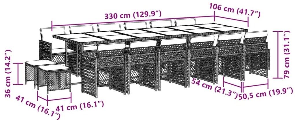 17 pcs conjunto de jantar p/ jardim c/ almofadões vime PE bege