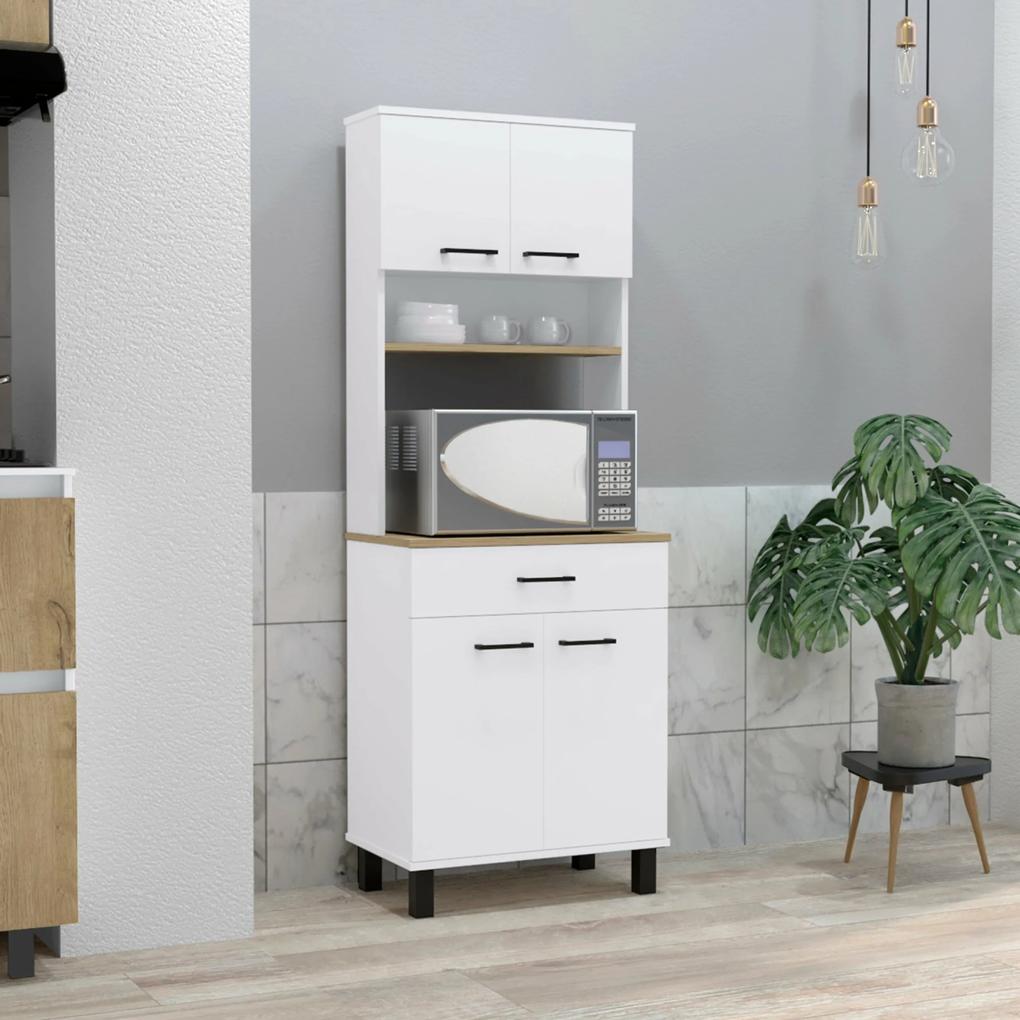 Armário de Cozinha Buffet Z60, com suporte de microondas e armário de armazenamento, 160 cm a x 58 cm e x 35 cm p, branco/natural