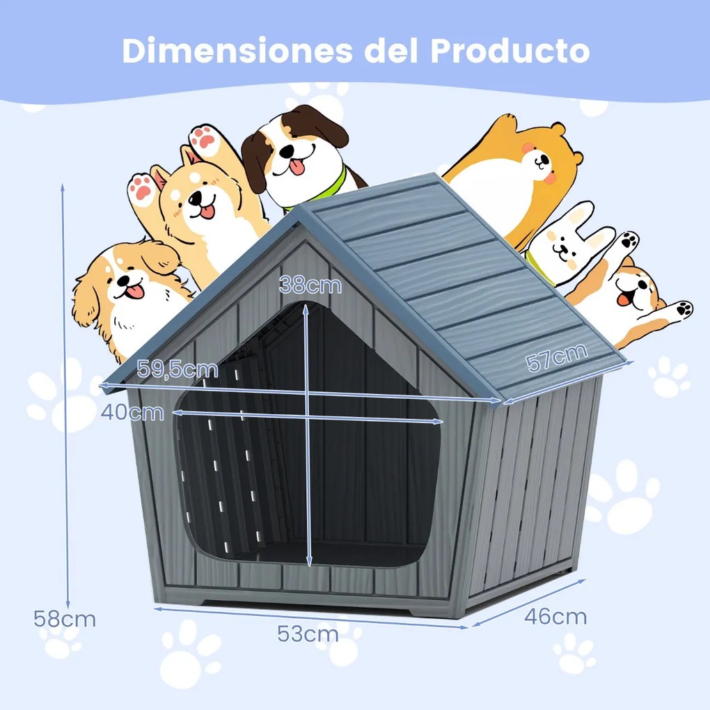 Casota para cães pequenos 59,5 cm x 57 cm x 58 cm interior e exterior com ventilação e telhado inclinado Azul