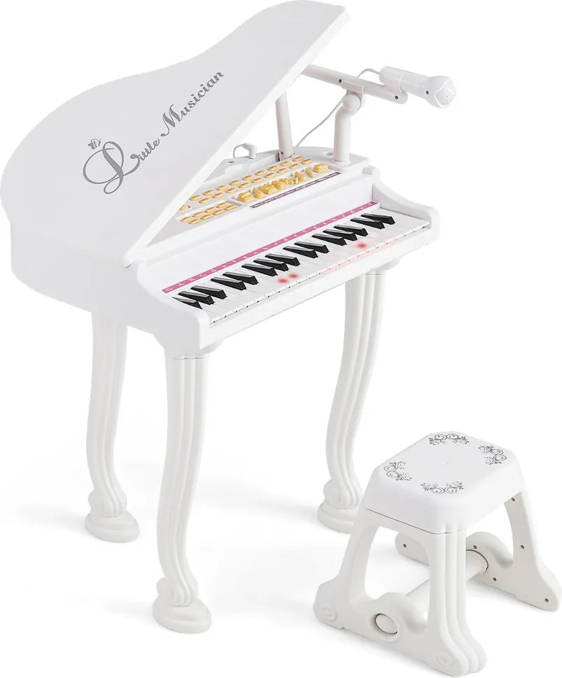 Piano Eletrónico para Crianças com 37 Teclas, Banco e Microfone LED, Modo de Ensino, Função de Gravação e Reprodução, Branco