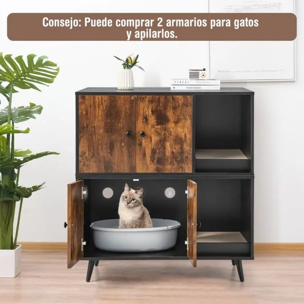 Armario Caixa de areia para gatos com portas, Estante aberta e poste para arranhar gatos 90 x 50 x 54 cm Preto e Castanho