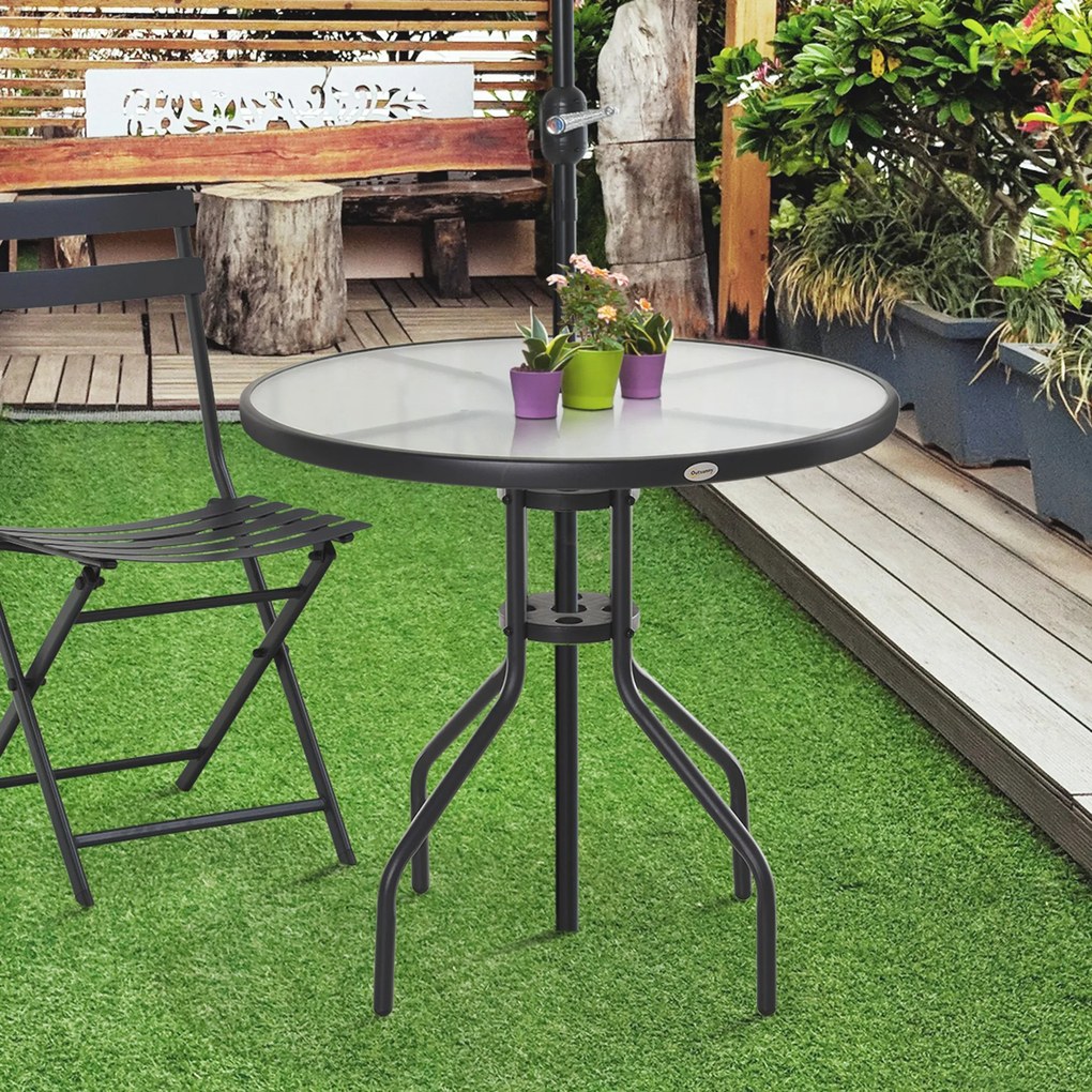 Mesa de Jardim Redonda Mesa Sala de Jantar de Cristal Temperado com Orifício para Chapéu de Sol Estrutura Metálica para Pátio Terraço Exterior Ø80x72c