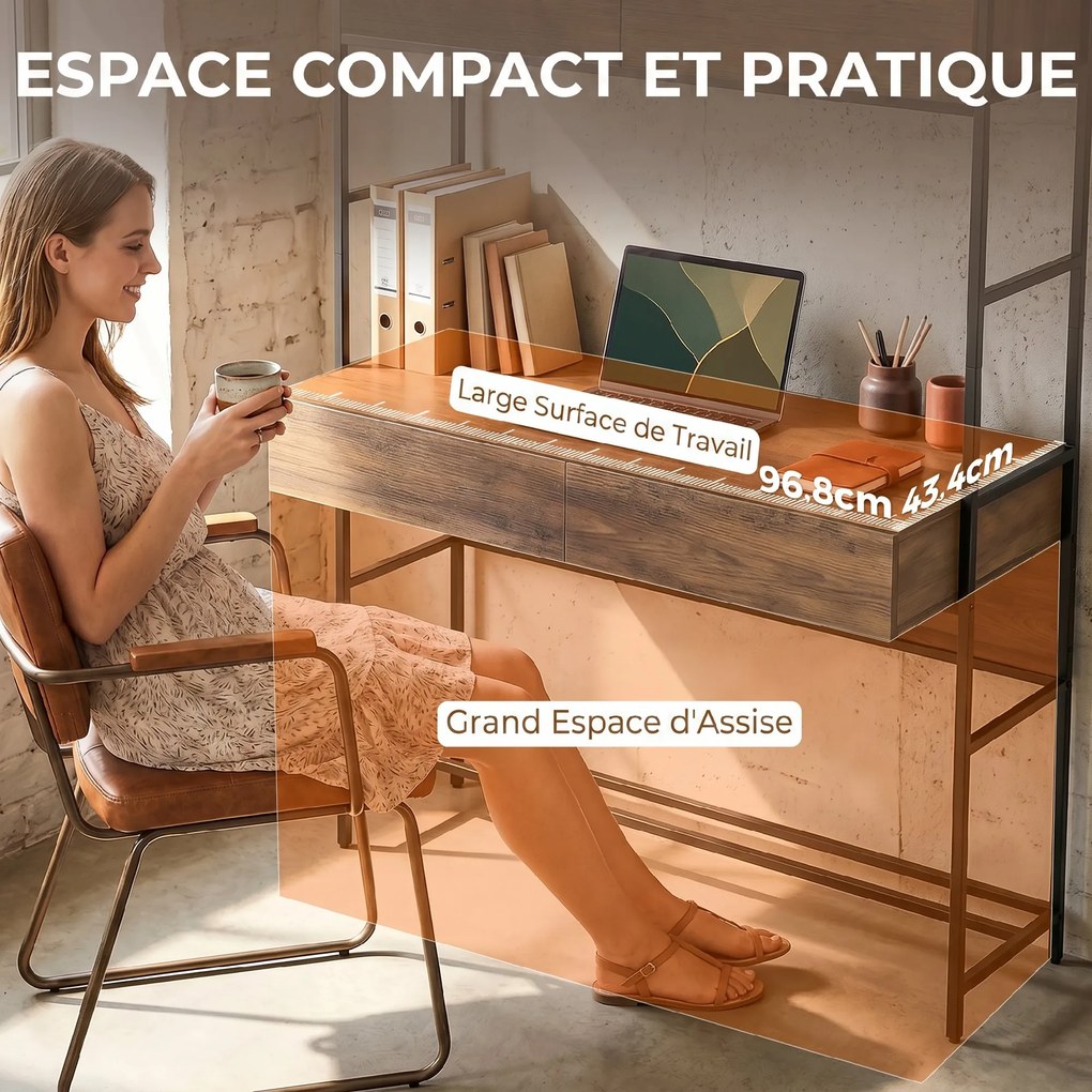 Secretária de computador com 2 gavetas, 100 x 45 x 185 cm, secretária com espaço de arrumação, 2 portas e prateleiras abertas, castanho