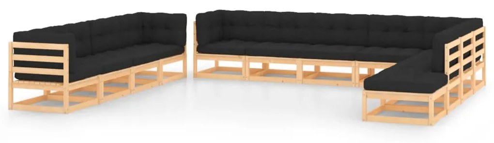 vidaXL 12 pcs conj. lounge jardim c/ almofadões antracite pinho maciço