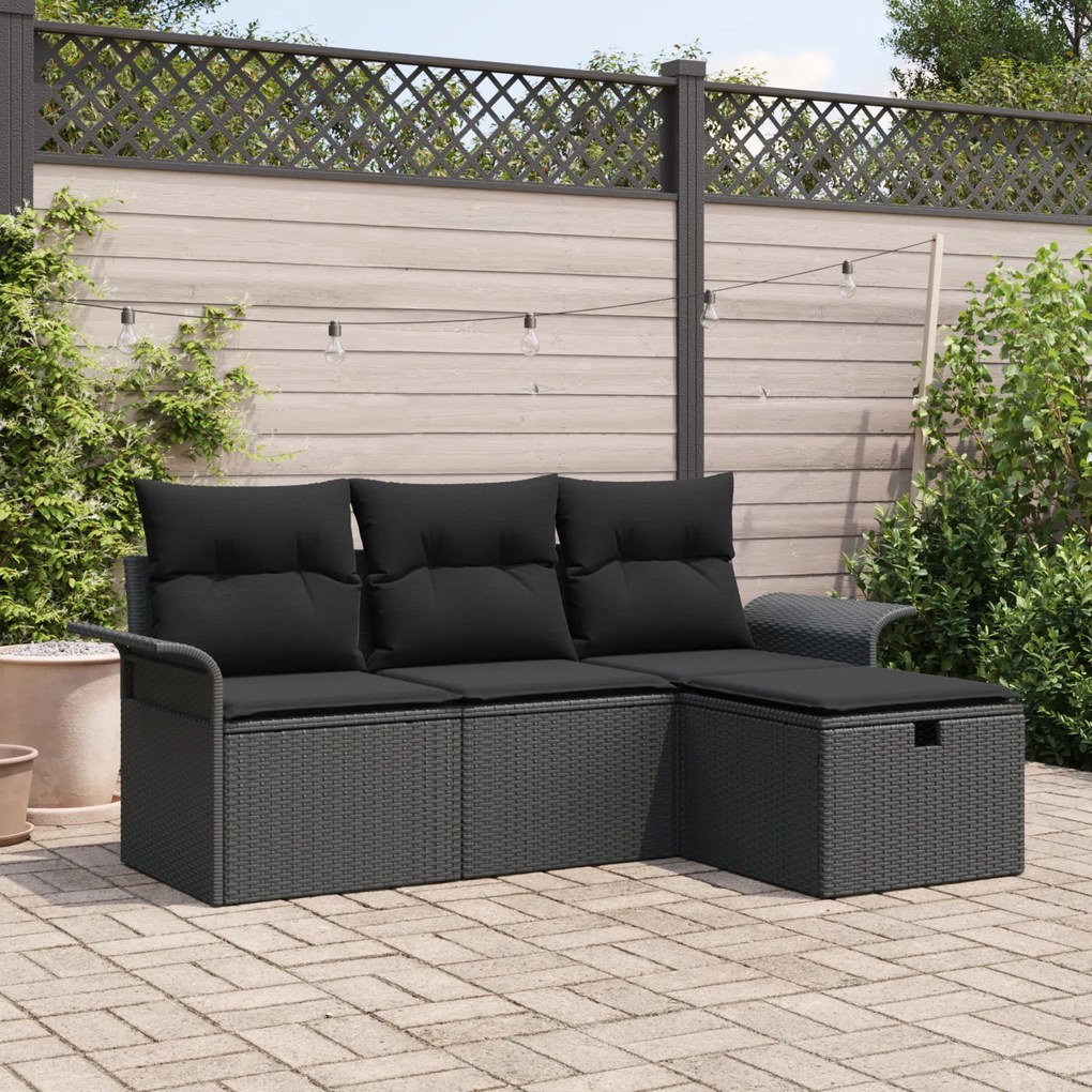 Conjunto de Sofás de Jardim de 4 Peças com Almofadas Preto Rattan Poli