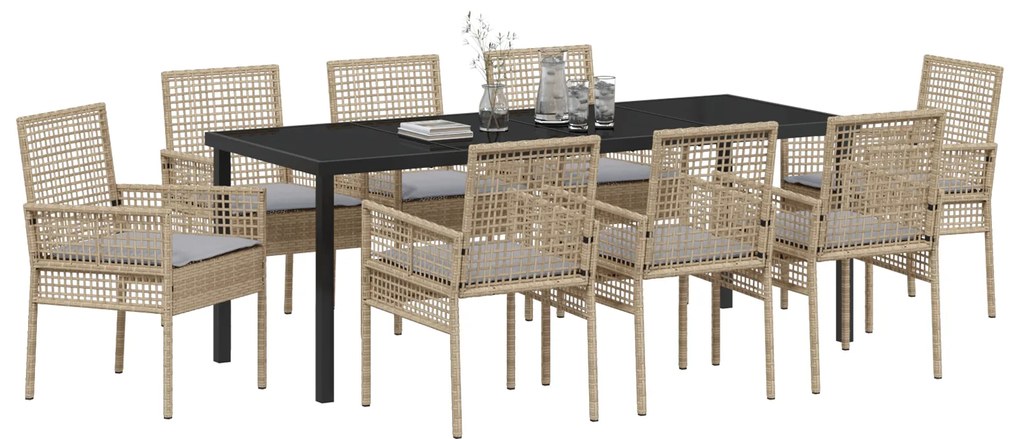 Conjunto de Jantar de Jardim de 9 Peças com Cushions Bege Rattan Poli