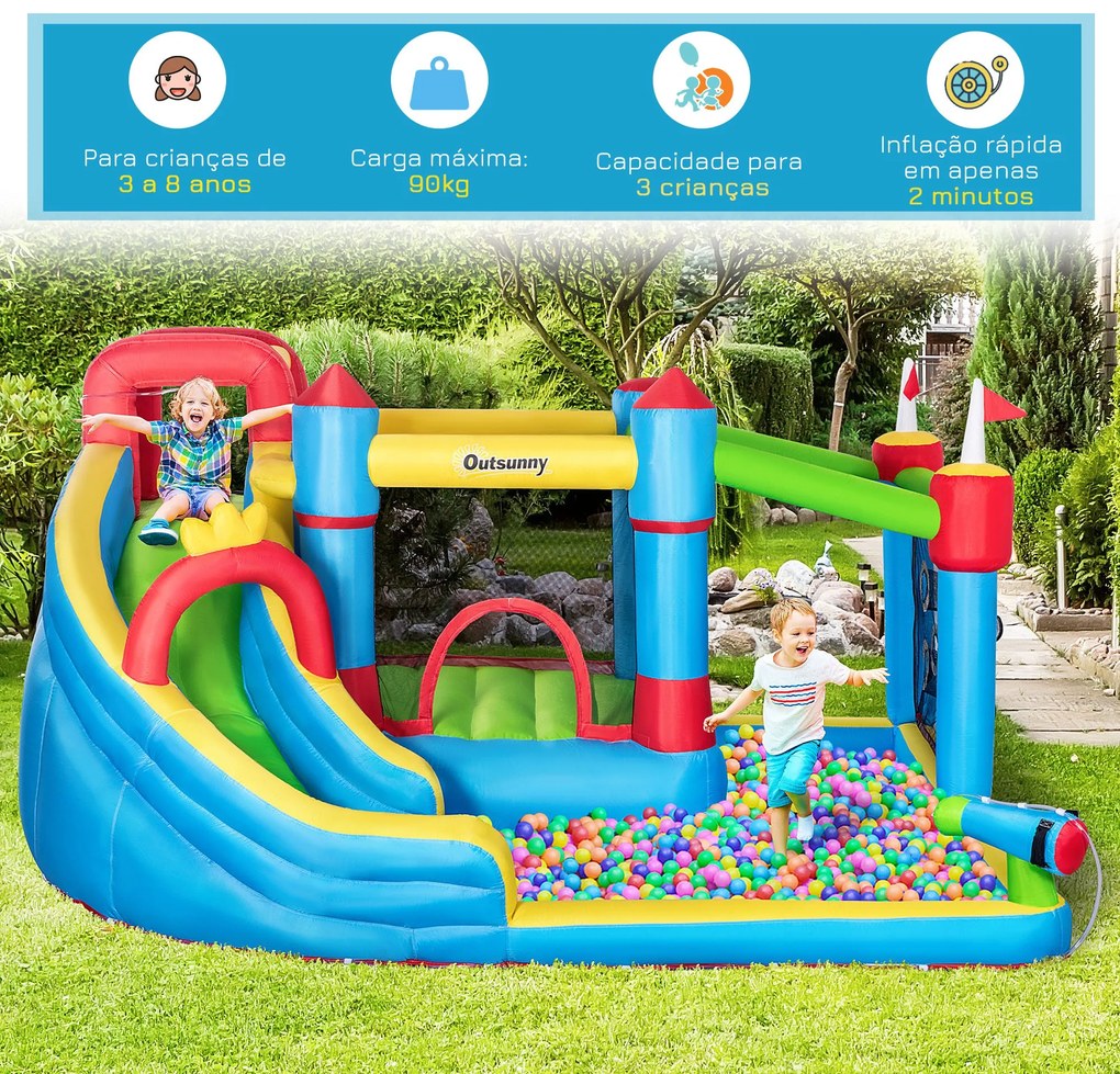 Castelo Insuflável Infantil com Escorrega Castelo Insuflável para Crianças de 3-8 Anos com Trampolim Piscina Insuflador e Bolsa de Transporte 390x300x