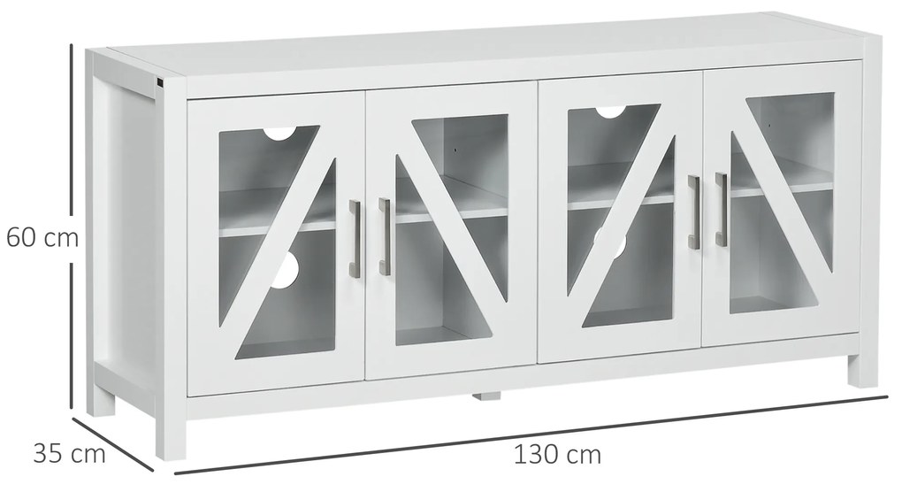 Móvel de TV para Televisores de até 58" com 4 Portas de Vidro Temperado e Prateleiras Ajustáveis 130x35x60 cm Branco