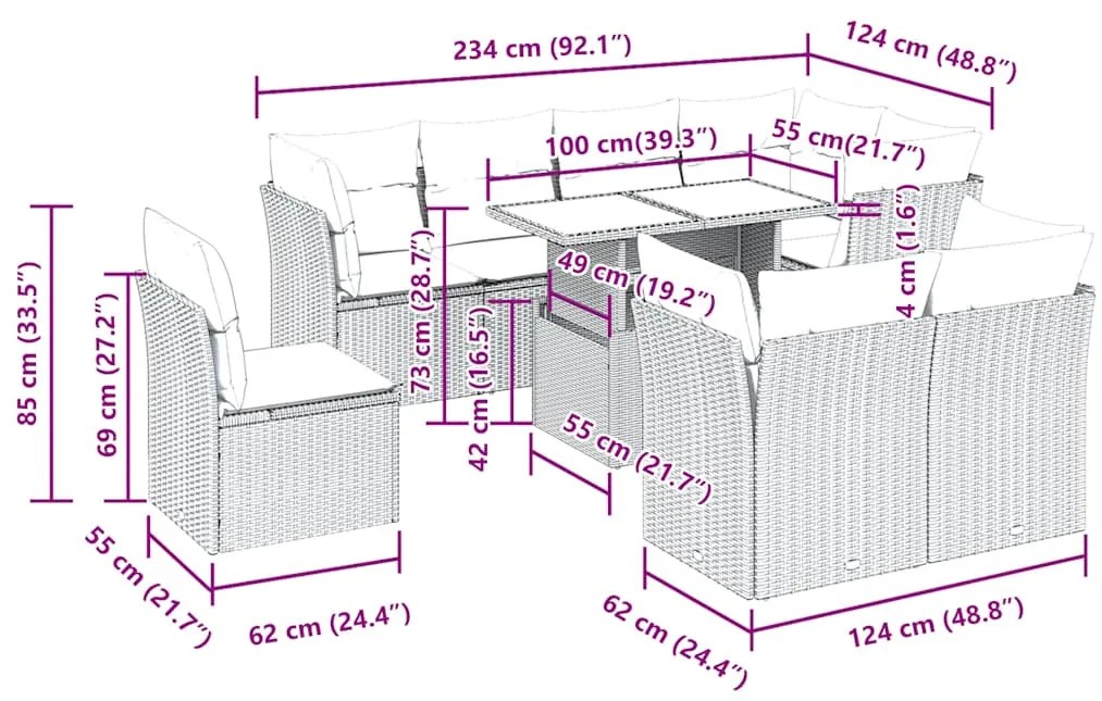 9 pcs conjunto sofás jardim almofadões vime PE/acácia cinzento